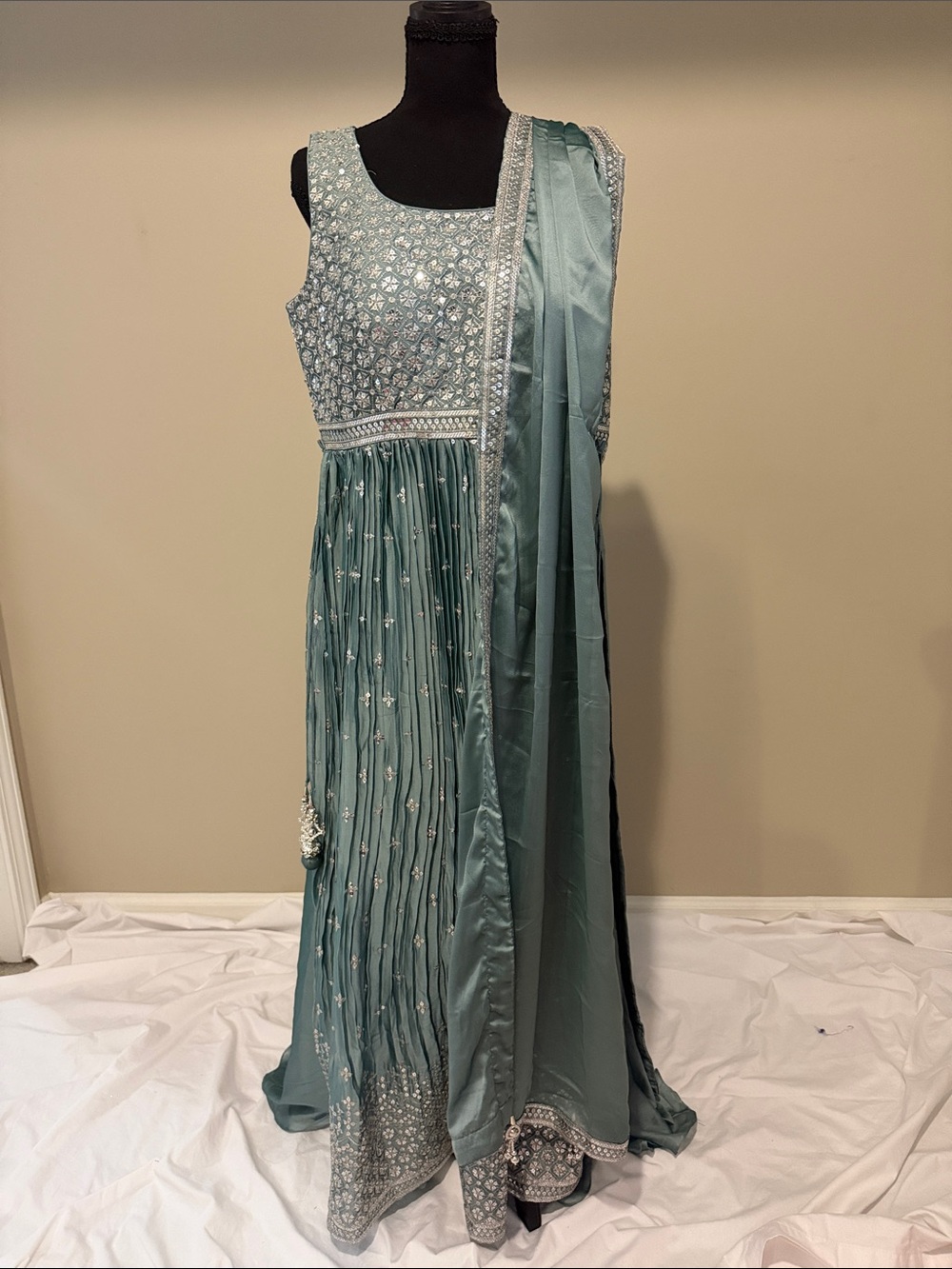 Embellished Tissue English Blue Green Anarkali Dress with Dupatta